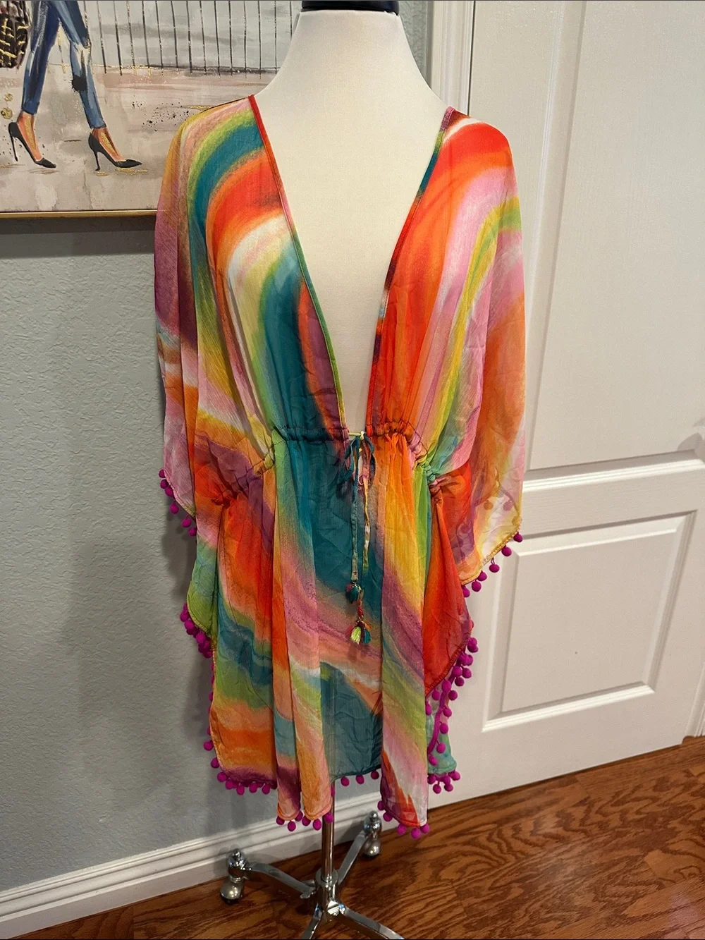 Bleu Rod Beattie Sz 2X Multicolor Rainbow Pom-Pom Swim Coverup - Picture 3 of 10